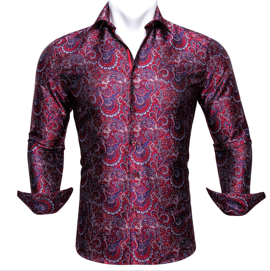 Maroon Blue Paisley Silk Men's Shirt- CY-0042 - SimonVon Shop