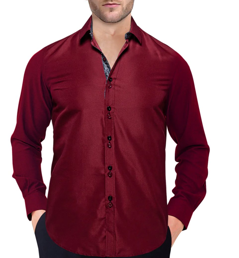 Maroon Mens's Shirt with contrast colored buttons unique cuffs design- CY-2206 - SimonVon Shop