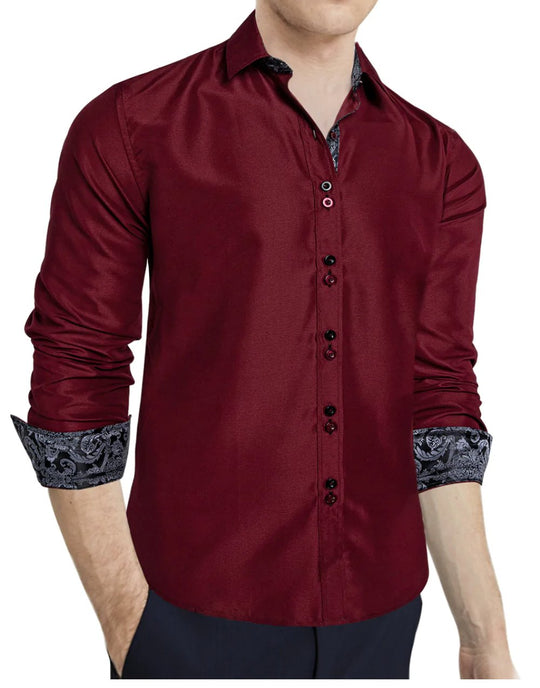 Maroon Mens's Shirt with contrast colored buttons unique cuffs design- CY-2206 - SimonVon Shop