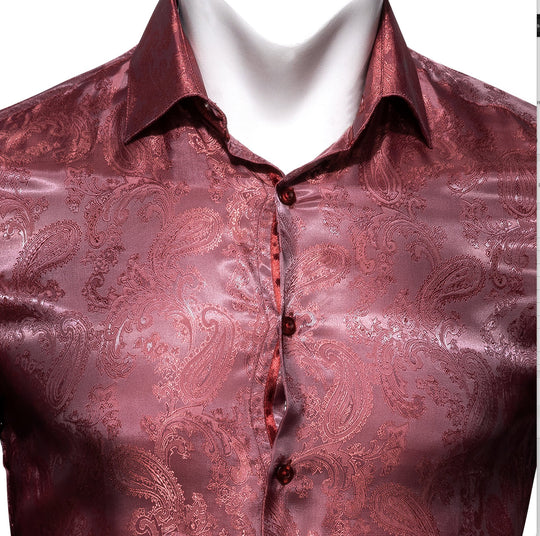 Maroon Paisley Men's Silk Long Sleeves Shirt - CY-0090 - SimonVon Shop