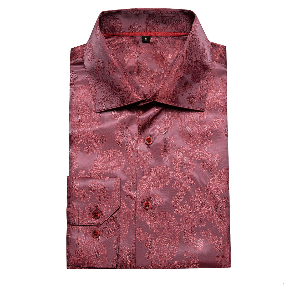 Maroon Paisley Men's Silk Long Sleeves Shirt - CY-0090 - SimonVon Shop