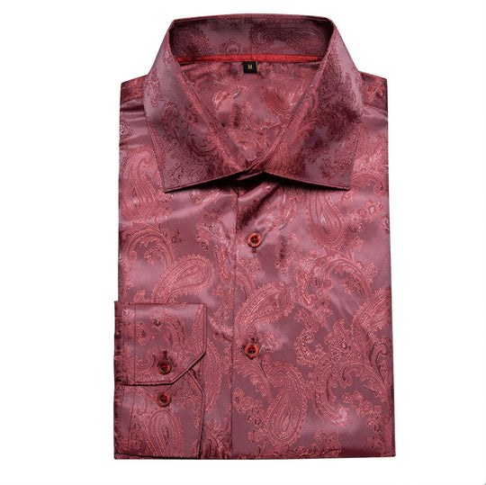 Maroon Paisley Men's Silk Long Sleeves Shirt - CY-0090 - SimonVon Shop