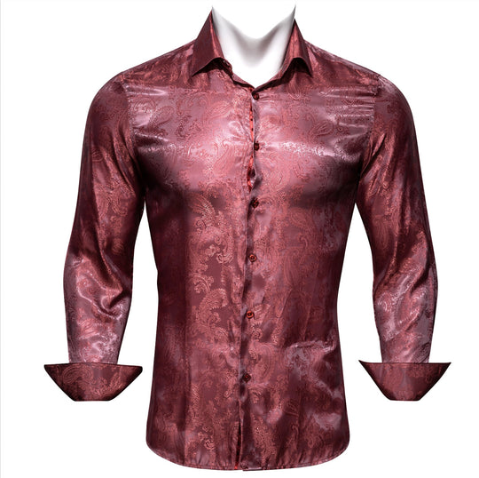 Maroon Paisley Men's Silk Long Sleeves Shirt - CY-0090 - SimonVon Shop