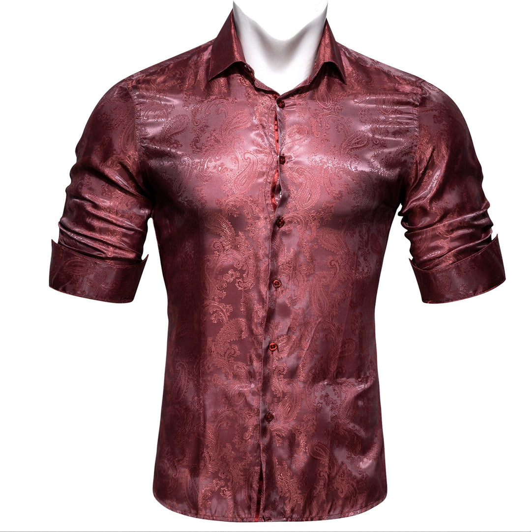 Maroon Paisley Men's Silk Long Sleeves Shirt - CY-0090 - SimonVon Shop
