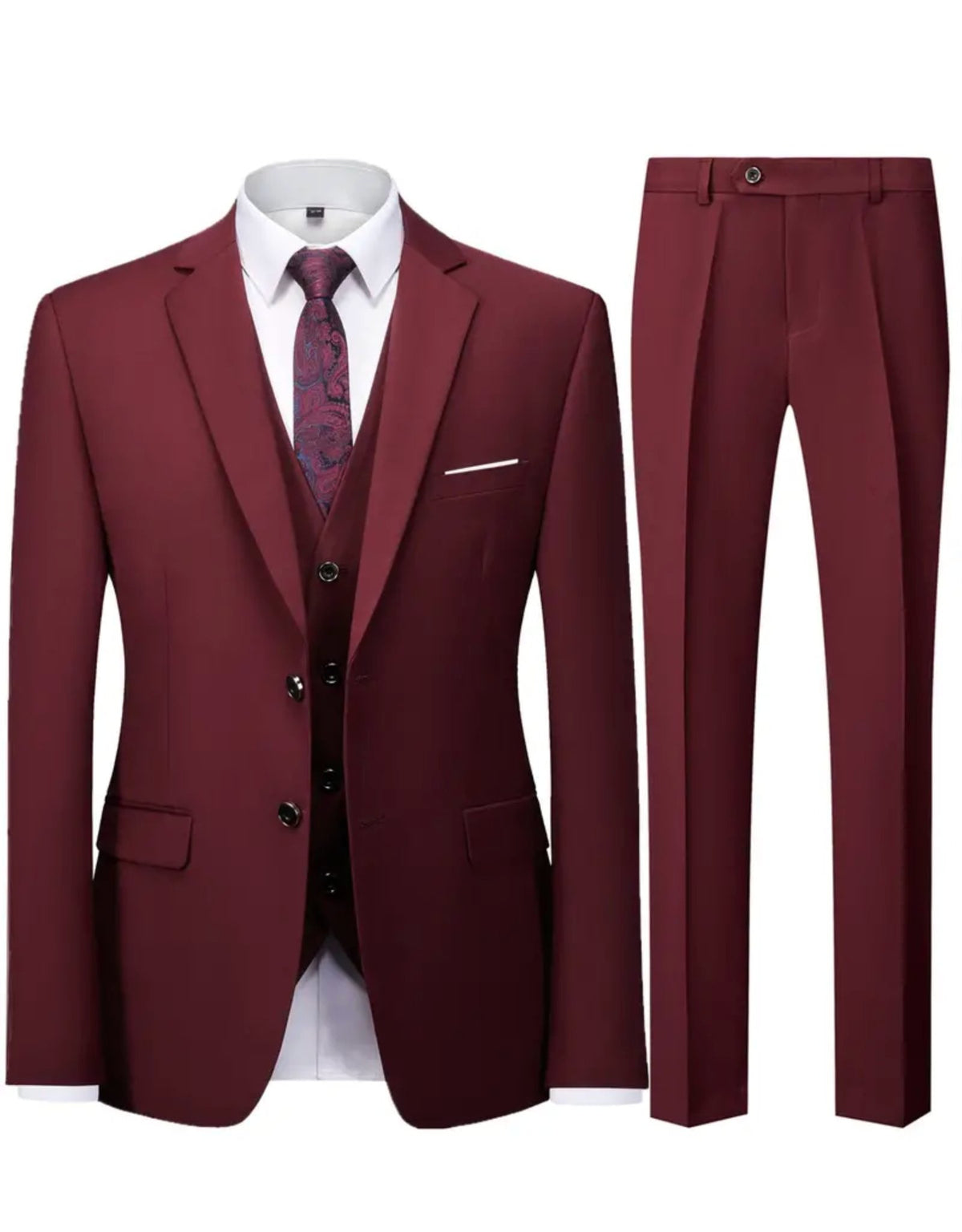 Men's 3-Piece Suit Set -Slim Fit with Lapel Collar, Stretch Fabric, Solid Color Burgundy -CJ224111 - SimonVon Shop