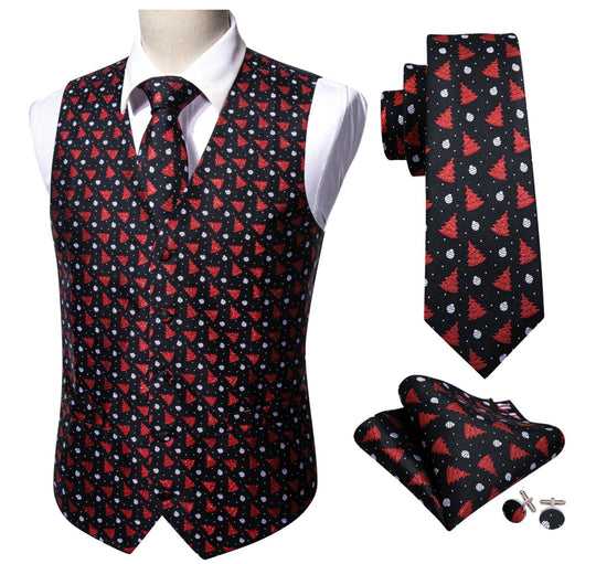 Men's Black Red Christmas Tree Silk Tie Hanky Cufflinks Waistcoat Vest Set-MJ-2577 - SimonVon Shop