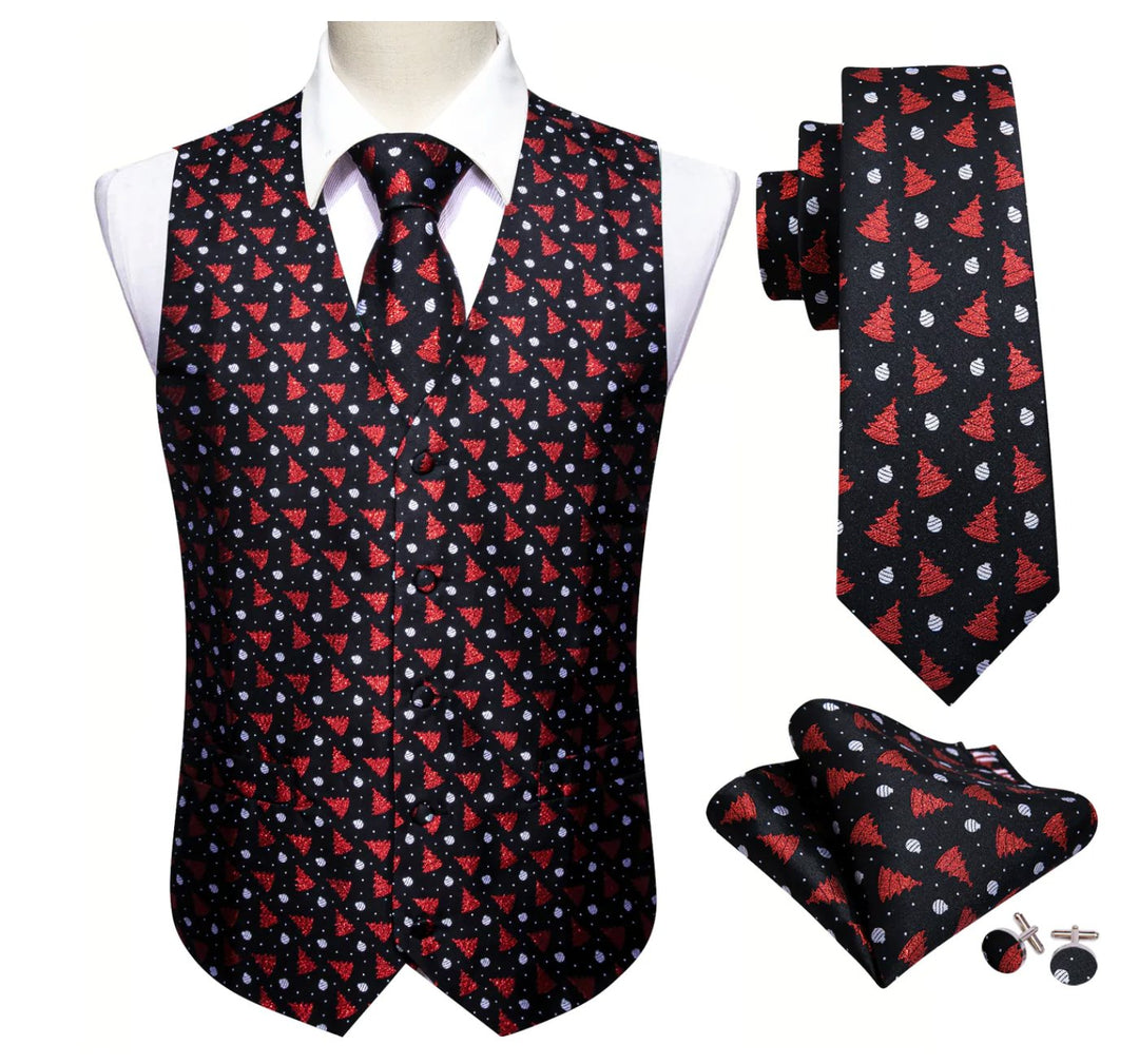 Men's Black Red Christmas Tree Silk Tie Hanky Cufflinks Waistcoat Vest Set-MJ-2577 - SimonVon Shop