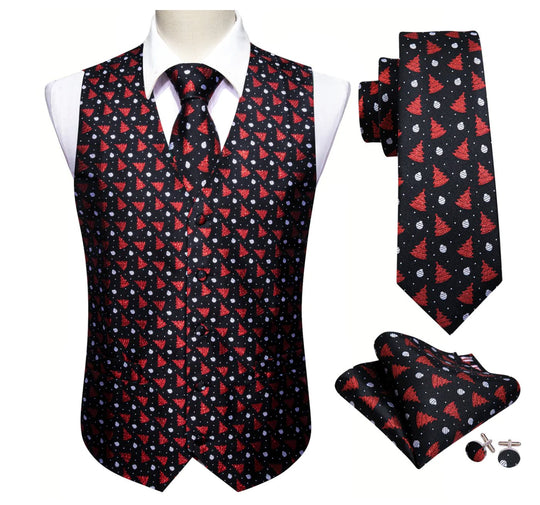 Men's Black Red Christmas Tree Silk Tie Hanky Cufflinks Waistcoat Vest Set-MJ-2577 - SimonVon Shop