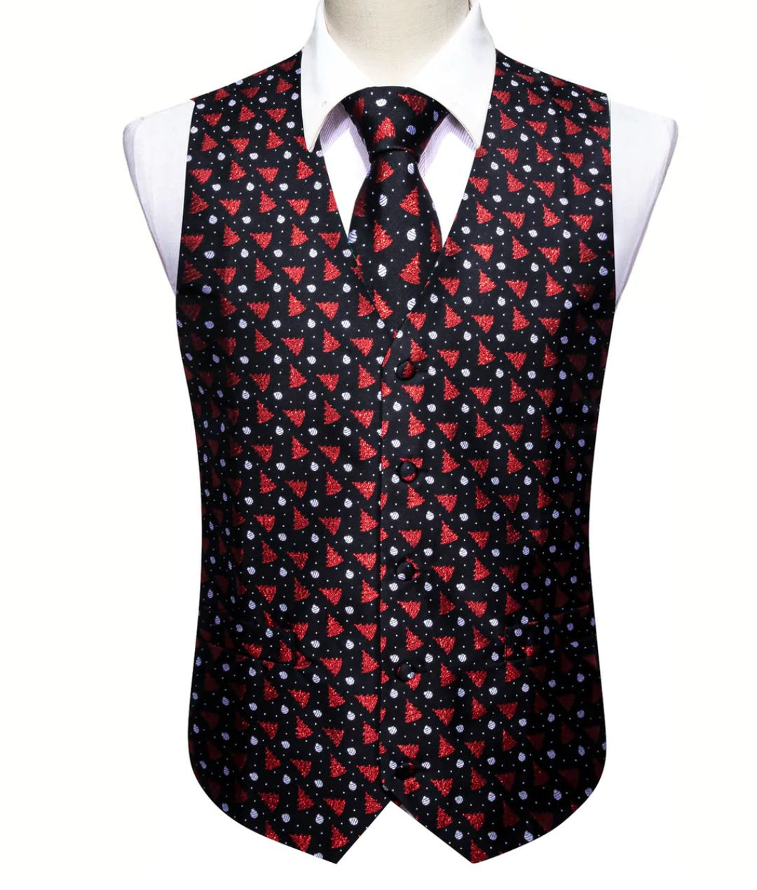 Men's Black Red Christmas Tree Silk Tie Hanky Cufflinks Waistcoat Vest Set-MJ-2577 - SimonVon Shop