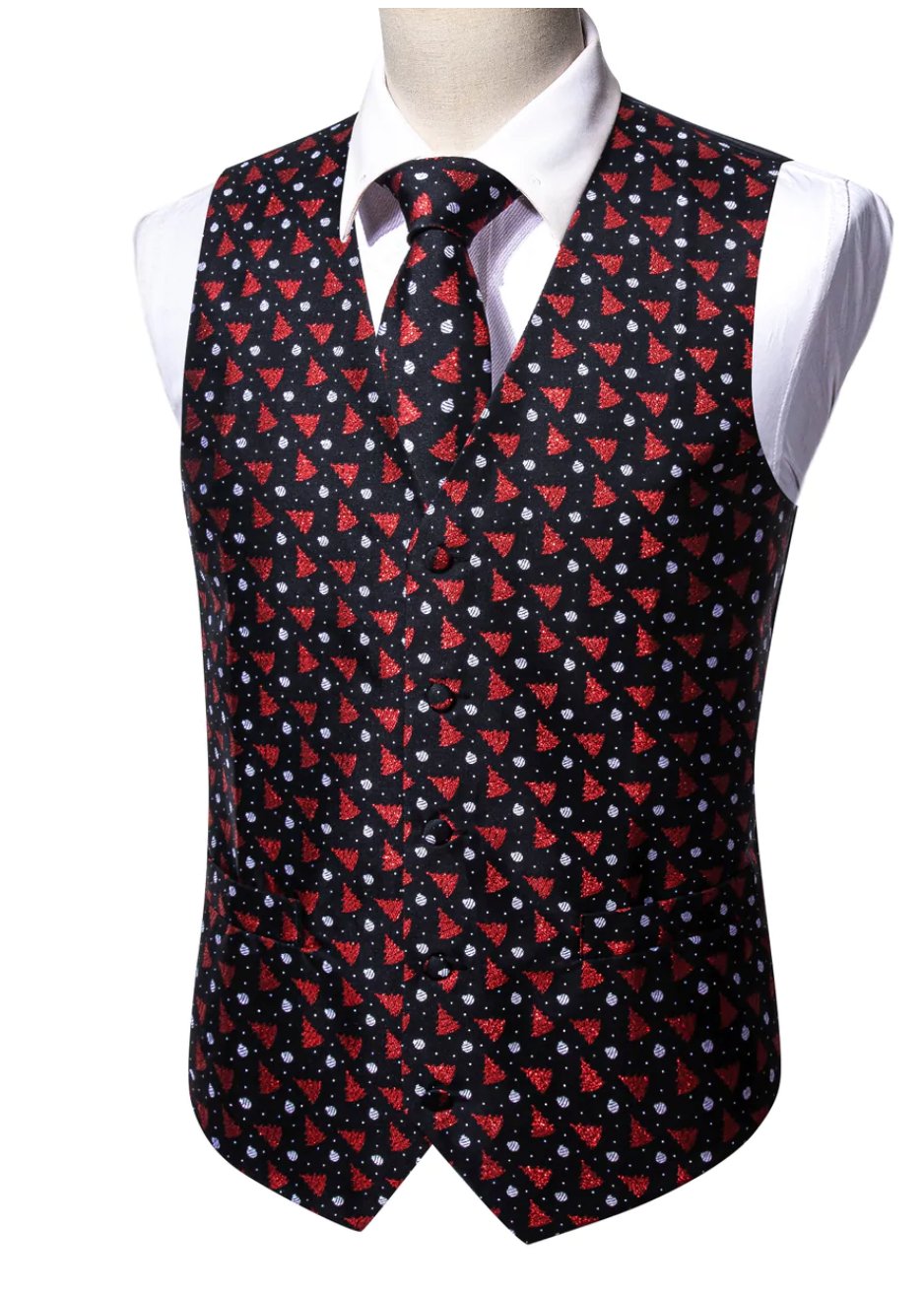 Men's Black Red Christmas Tree Silk Tie Hanky Cufflinks Waistcoat Vest Set-MJ-2577 - SimonVon Shop