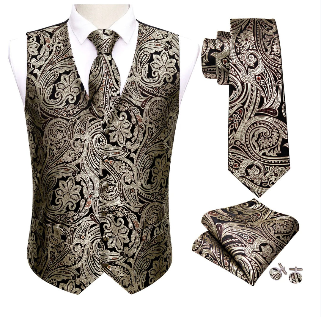 Men's Black Silver Paisley Silk Vest Necktie Pocket square Cufflinks-MJ-2039 - SimonVon Shop