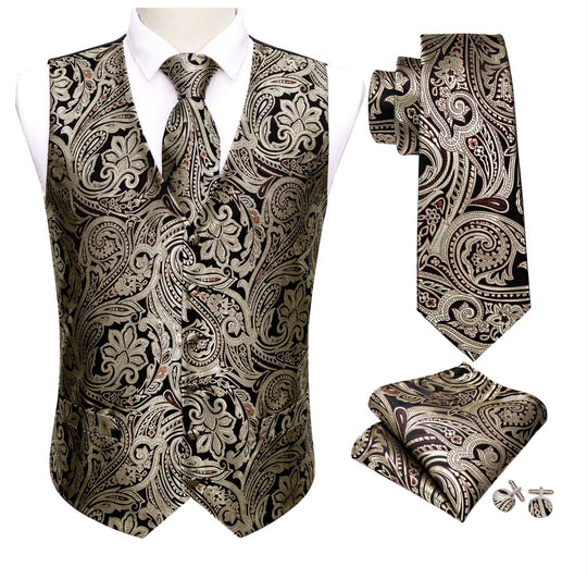 Men's Black Silver Paisley Silk Vest Necktie Pocket square Cufflinks-MJ-2039 - SimonVon Shop
