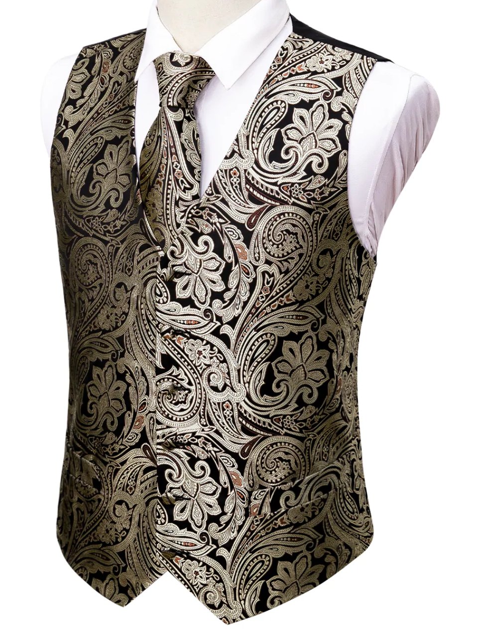 Men's Black Silver Paisley Silk Vest Necktie Pocket square Cufflinks-MJ-2039 - SimonVon Shop