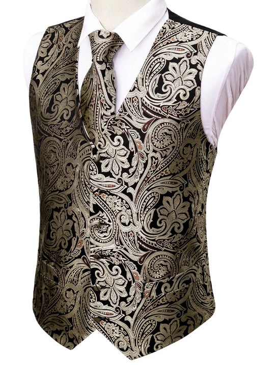 Men's Black Silver Paisley Silk Vest Necktie Pocket square Cufflinks-MJ-2039 - SimonVon Shop