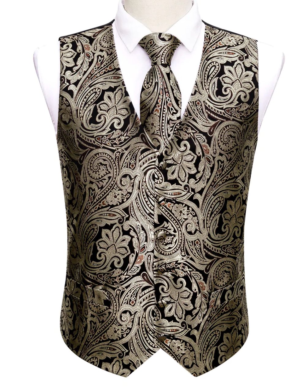 Men's Black Silver Paisley Silk Vest Necktie Pocket square Cufflinks-MJ-2039 - SimonVon Shop