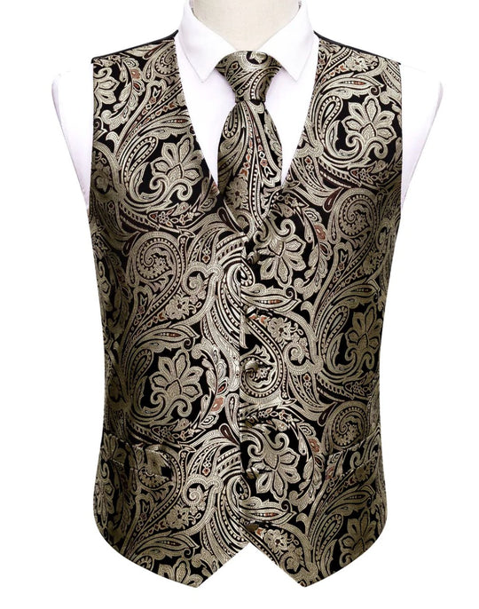 Men's Black Silver Paisley Silk Vest Necktie Pocket square Cufflinks-MJ-2039 - SimonVon Shop