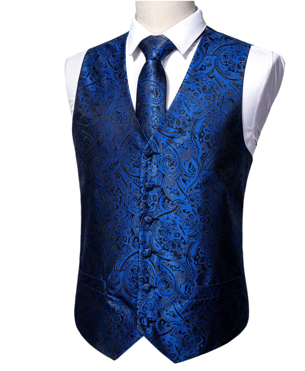 Men's Blue Black Paisley Silk Vest Necktie Pocket Square Cufflinks Set.MJ-2077 - SimonVon Shop