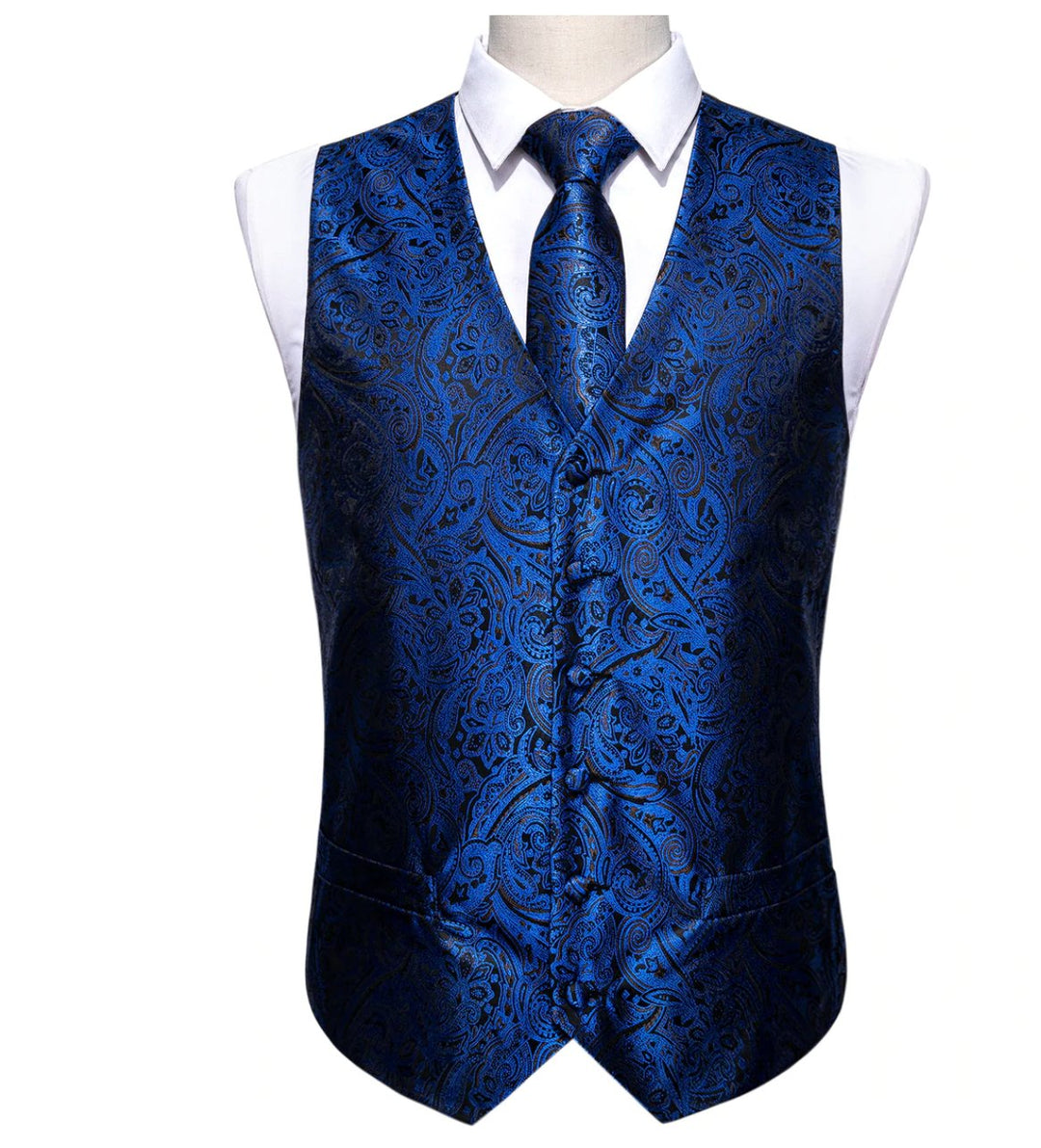 Men's Blue Black Paisley Silk Vest Necktie Pocket Square Cufflinks Set.MJ-2077 - SimonVon Shop