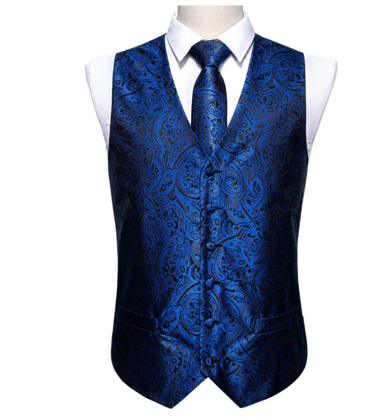 Men's Blue Black Paisley Silk Vest Necktie Pocket Square Cufflinks Set.MJ-2077 - SimonVon Shop