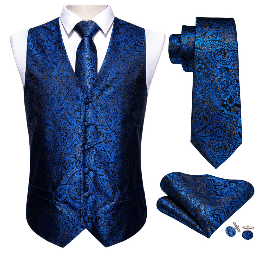 Men's Blue Black Paisley Silk Vest Necktie Pocket Square Cufflinks Set.MJ-2077 - SimonVon Shop
