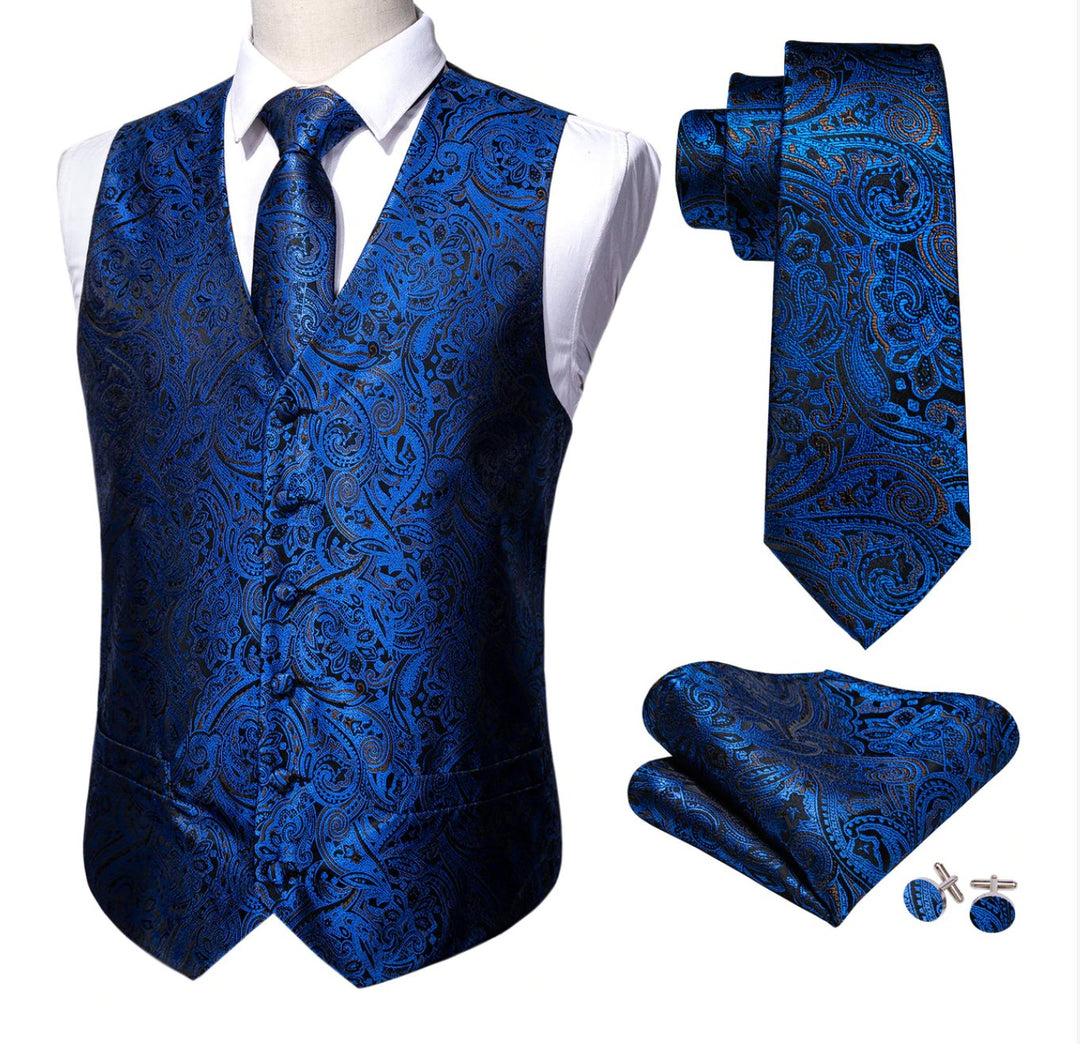 Men's Blue Black Paisley Silk Vest Necktie Pocket Square Cufflinks Set.MJ-2077 - SimonVon Shop
