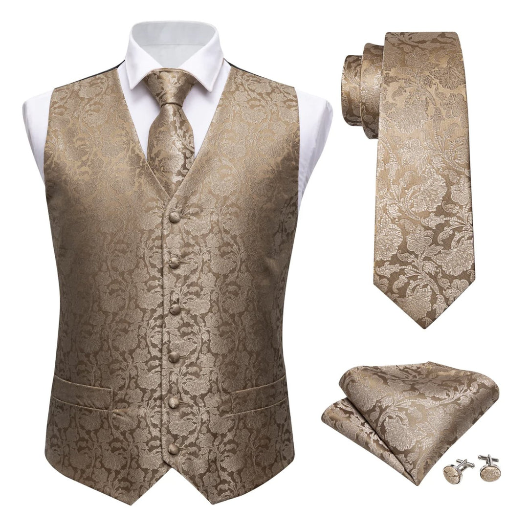 Men's Champagne Gold Floral Silk Vest Necktie Pocket square Cufflinks - MJ-2023 - SimonVon Shop