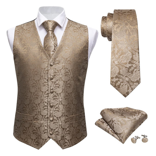 Men's Champagne Gold Floral Silk Vest Necktie Pocket square Cufflinks - MJ-2023 - SimonVon Shop