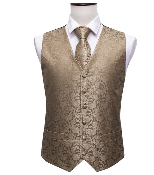 Men's Champagne Gold Floral Silk Vest Necktie Pocket square Cufflinks - MJ-2023 - SimonVon Shop