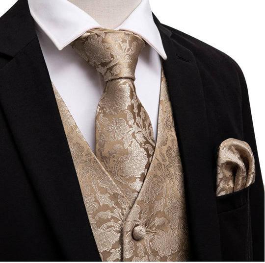 Men's Champagne Gold Floral Silk Vest Necktie Pocket square Cufflinks - MJ-2023 - SimonVon Shop