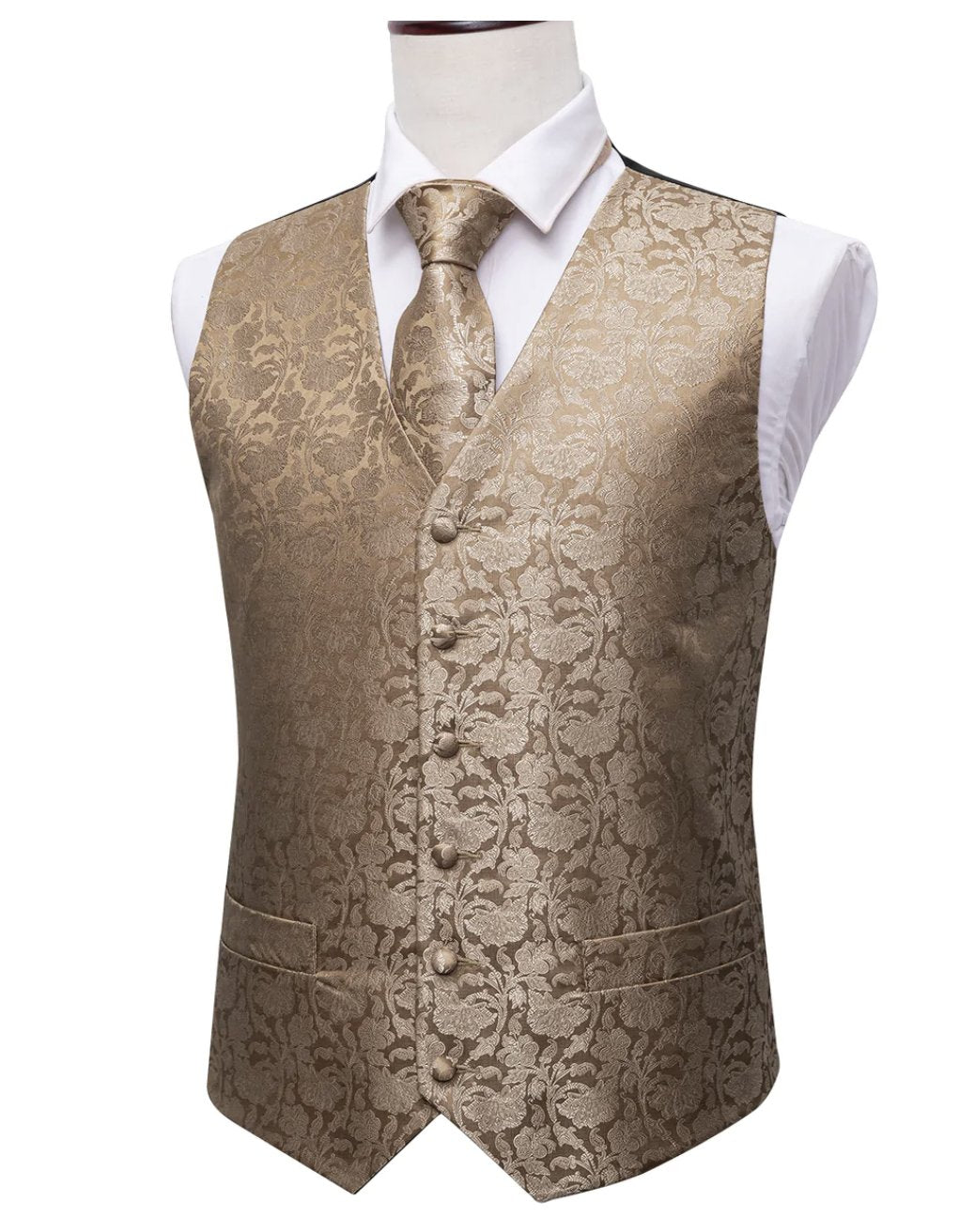 Men's Champagne Gold Floral Silk Vest Necktie Pocket square Cufflinks - MJ-2023 - SimonVon Shop