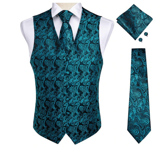 Men's Classic Blue Green Paisley Jacquard Silk Waistcoast Vest Handkerchief Cufflinks Tie Vest Set- Mj-0107 - SimonVon Shop