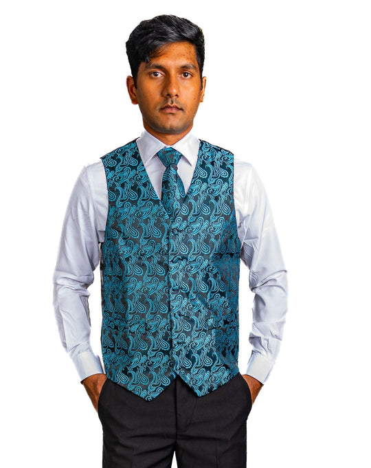 Men's Classic Blue Green Paisley Jacquard Silk Waistcoast Vest Handkerchief Cufflinks Tie Vest Set- Mj-0107 - SimonVon Shop