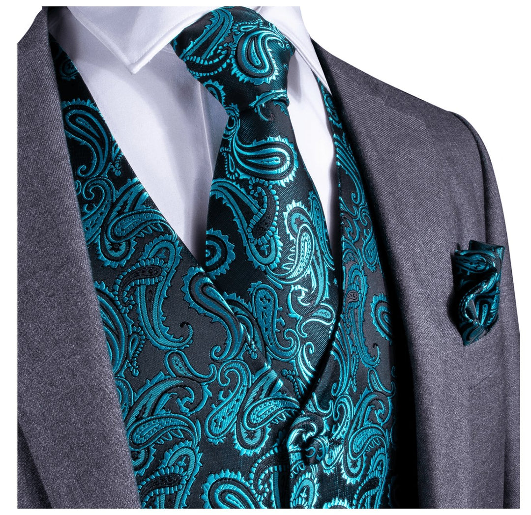 Men's Classic Blue Green Paisley Jacquard Silk Waistcoast Vest Handkerchief Cufflinks Tie Vest Set- Mj-0107 - SimonVon Shop