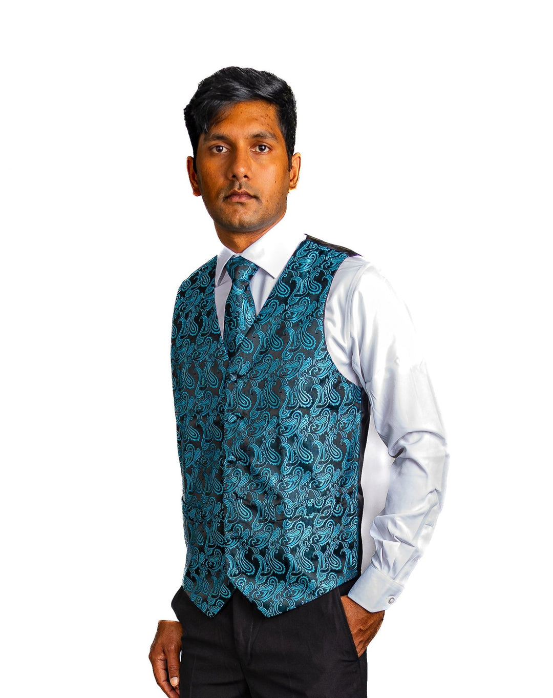 Men's Classic Blue Green Paisley Jacquard Silk Waistcoast Vest Handkerchief Cufflinks Tie Vest Set- Mj-0107 - SimonVon Shop