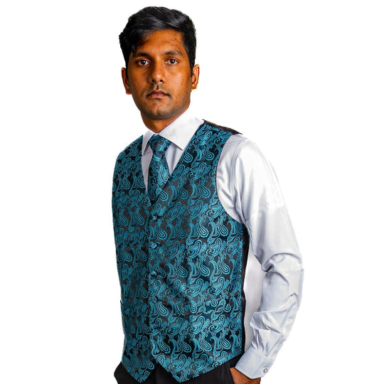 Men's Classic Blue Green Paisley Jacquard Silk Waistcoast Vest Handkerchief Cufflinks Tie Vest Set- Mj-0107 - SimonVon Shop
