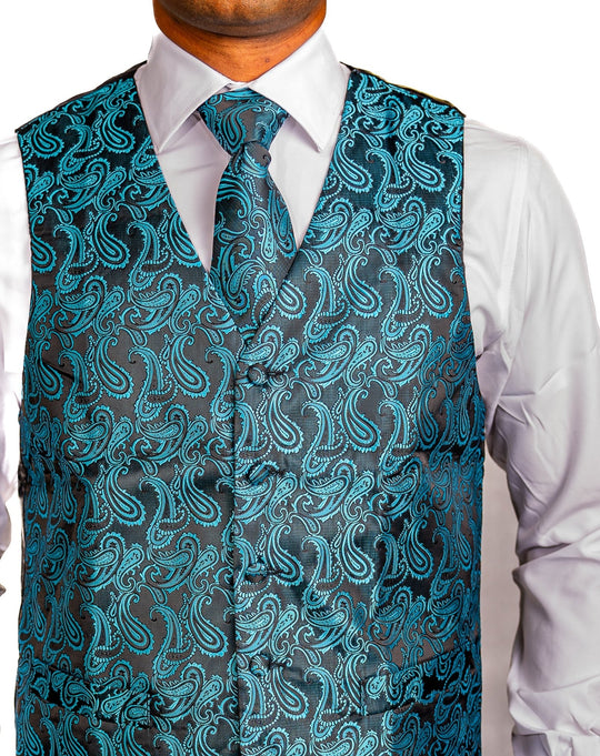 Men's Classic Blue Green Paisley Jacquard Silk Waistcoast Vest Handkerchief Cufflinks Tie Vest Set- Mj-0107 - SimonVon Shop