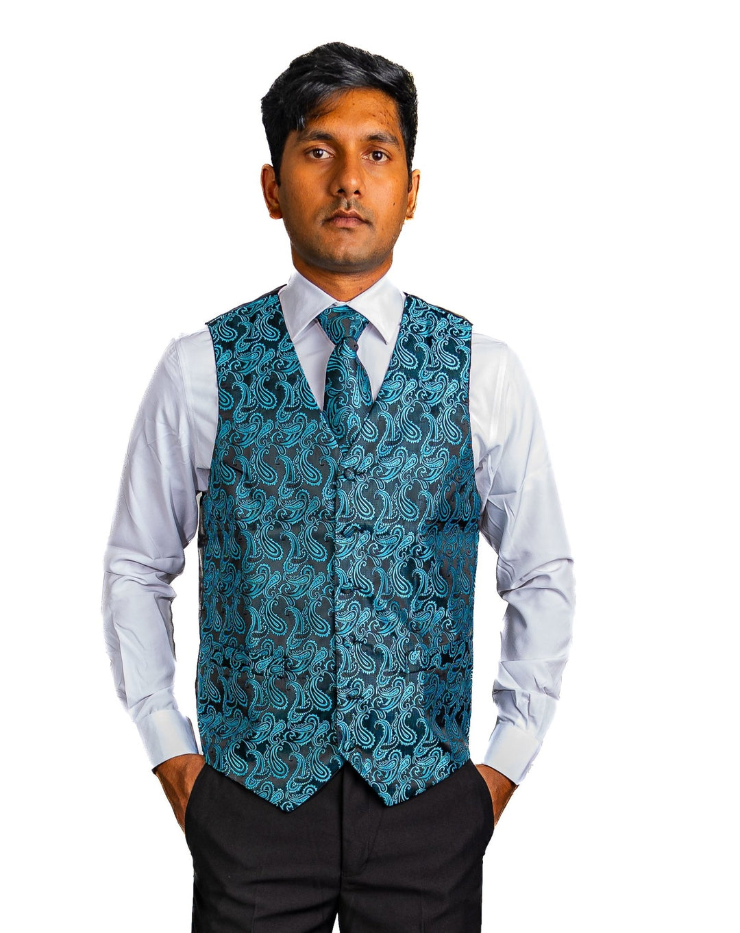 Men's Classic Blue Green Paisley Jacquard Silk Waistcoast Vest Handkerchief Cufflinks Tie Vest Set- Mj-0107 - SimonVon Shop