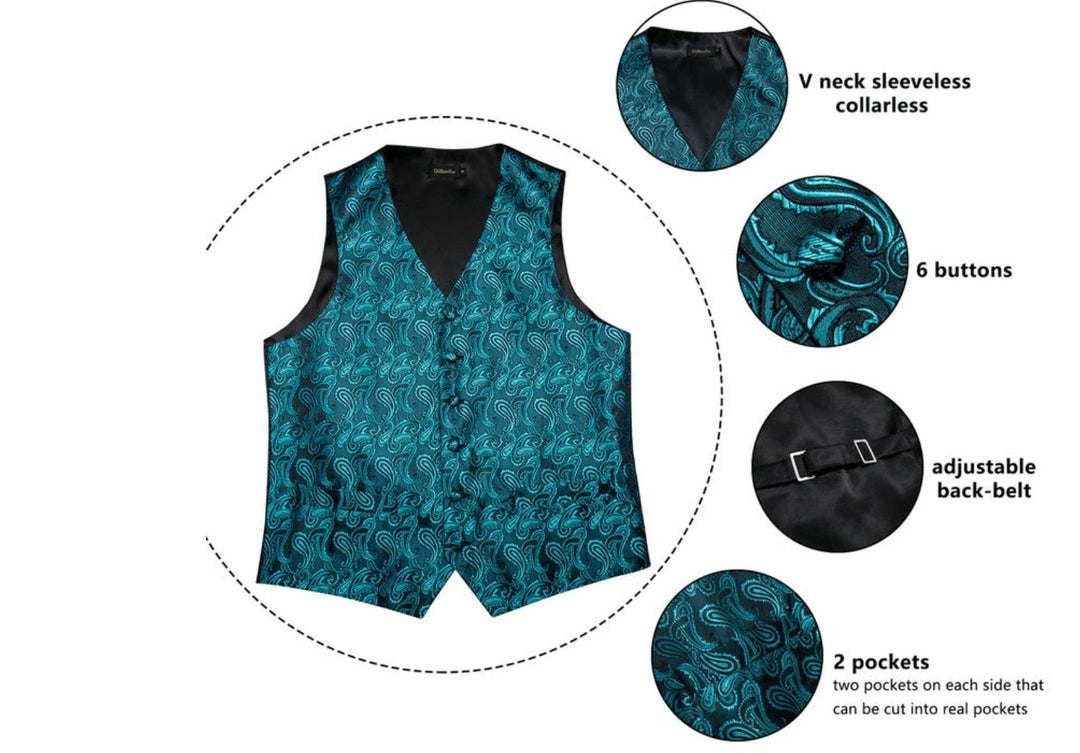 Men's Classic Blue Green Paisley Jacquard Silk Waistcoast Vest Handkerchief Cufflinks Tie Vest Set- Mj-0107 - SimonVon Shop