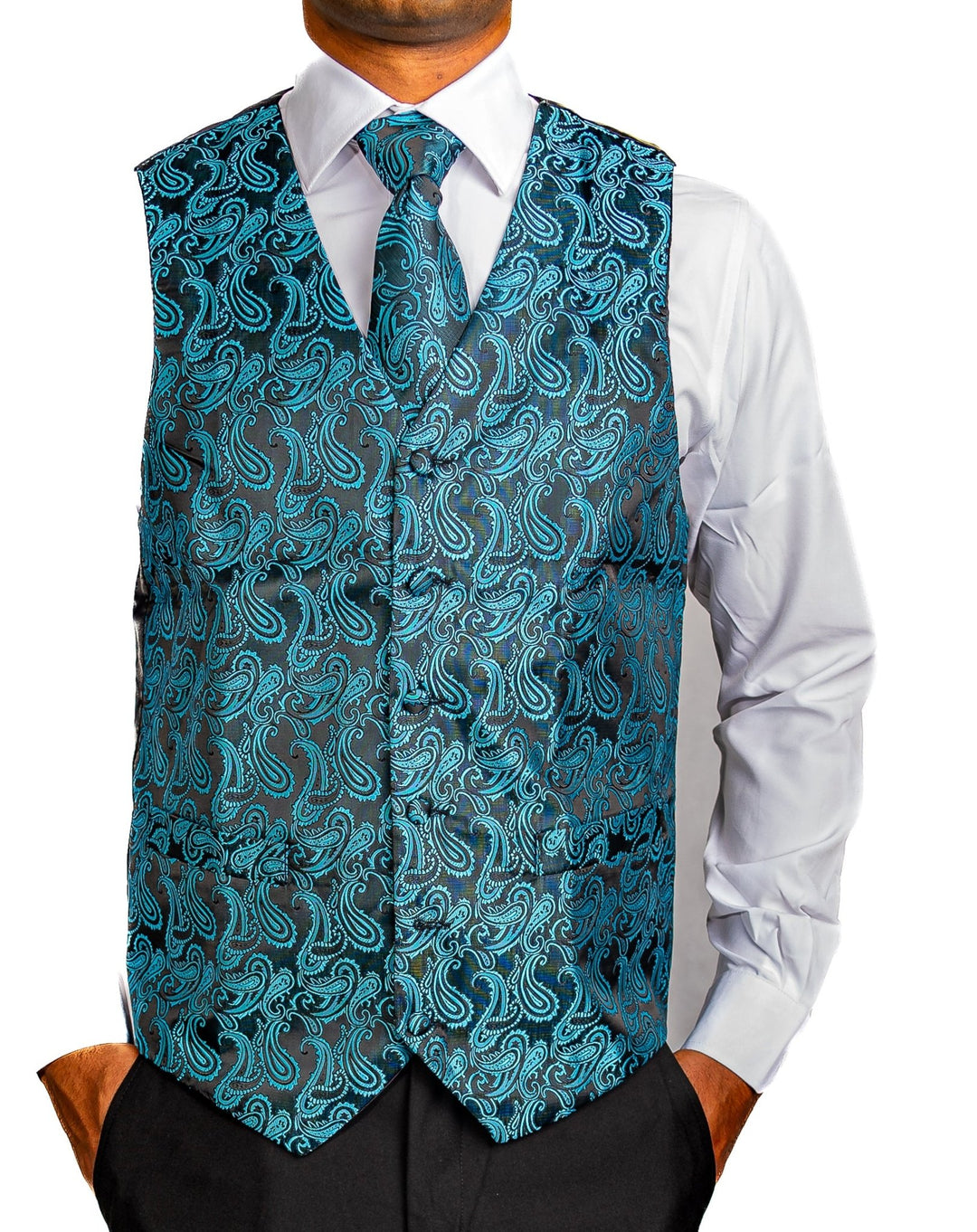 Men's Classic Blue Green Paisley Jacquard Silk Waistcoast Vest Handkerchief Cufflinks Tie Vest Set- Mj-0107 - SimonVon Shop