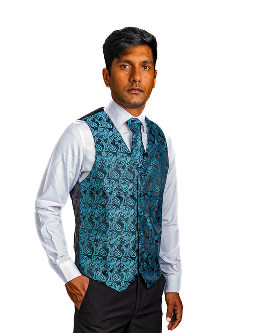 Men's Classic Blue Green Paisley Jacquard Silk Waistcoast Vest Handkerchief Cufflinks Tie Vest Set- Mj-0107 - SimonVon Shop