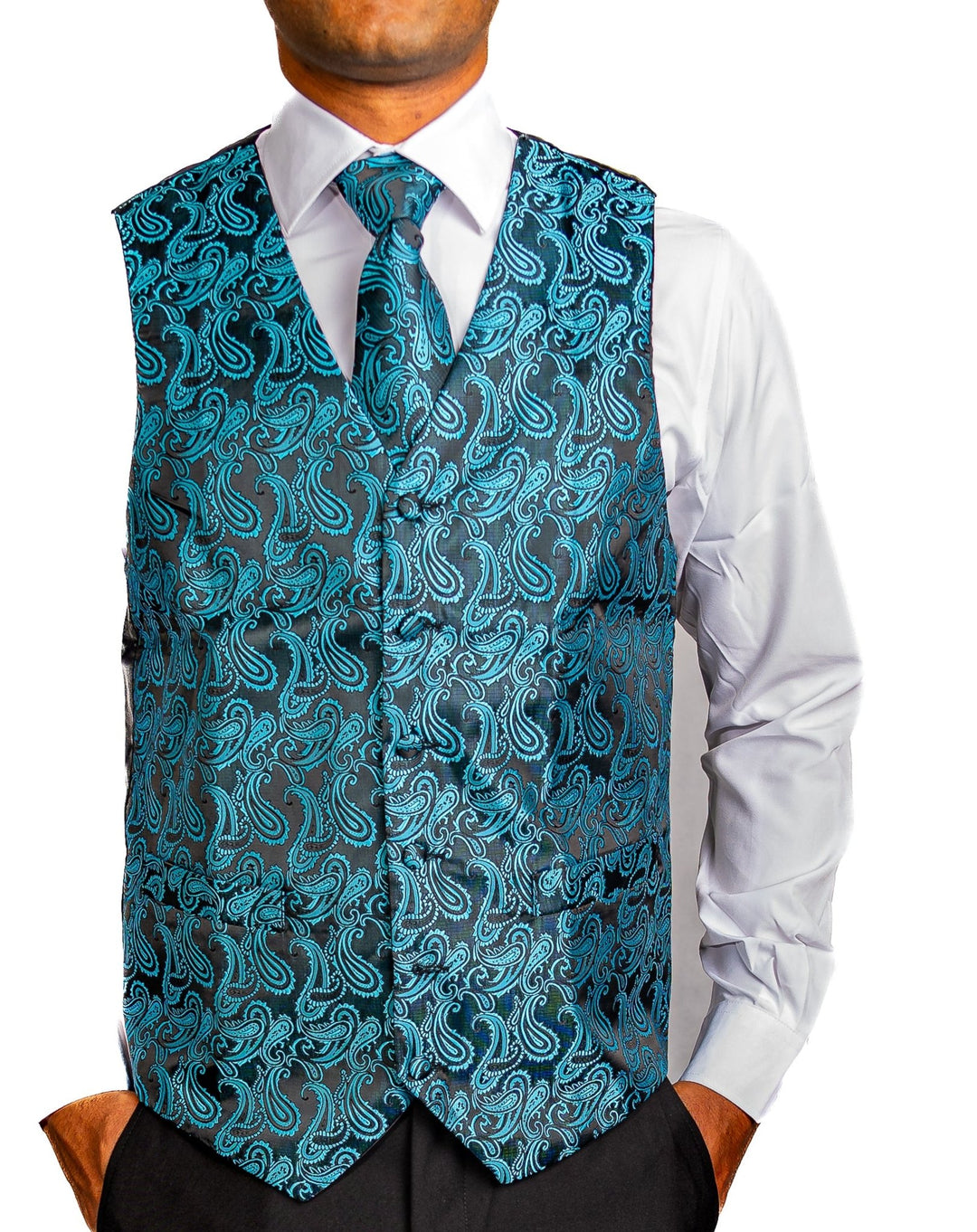 Men's Classic Blue Green Paisley Jacquard Silk Waistcoast Vest Handkerchief Cufflinks Tie Vest Set- Mj-0107 - SimonVon Shop