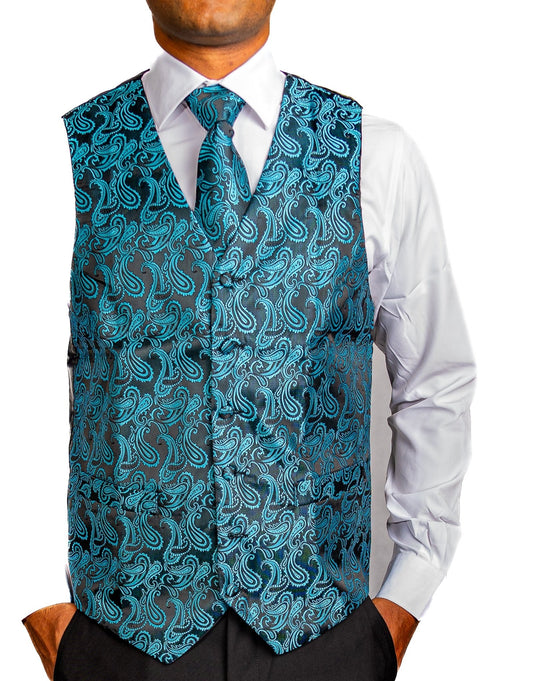 Men's Classic Blue Green Paisley Jacquard Silk Waistcoast Vest Handkerchief Cufflinks Tie Vest Set- Mj-0107 - SimonVon Shop