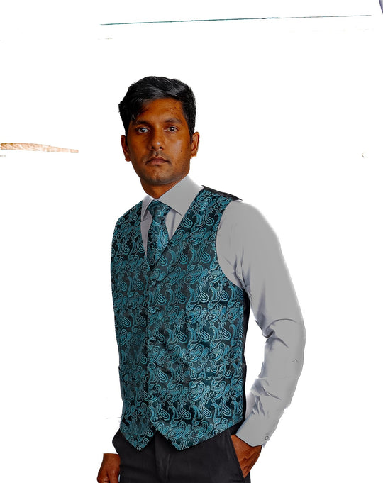 Men's Classic Blue Green Paisley Jacquard Silk Waistcoast Vest Handkerchief Cufflinks Tie Vest Set- Mj-0107 - SimonVon Shop