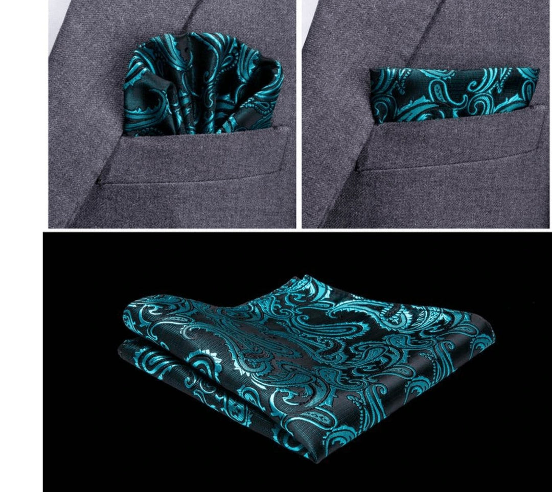 Men's Classic Blue Green Paisley Jacquard Silk Waistcoast Vest Handkerchief Cufflinks Tie Vest Set- Mj-0107 - SimonVon Shop