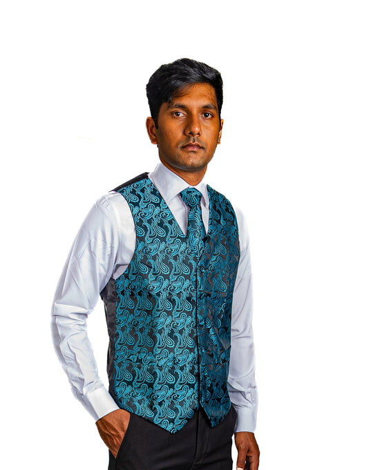 Men's Classic Blue Green Paisley Jacquard Silk Waistcoast Vest Handkerchief Cufflinks Tie Vest Set- Mj-0107 - SimonVon Shop