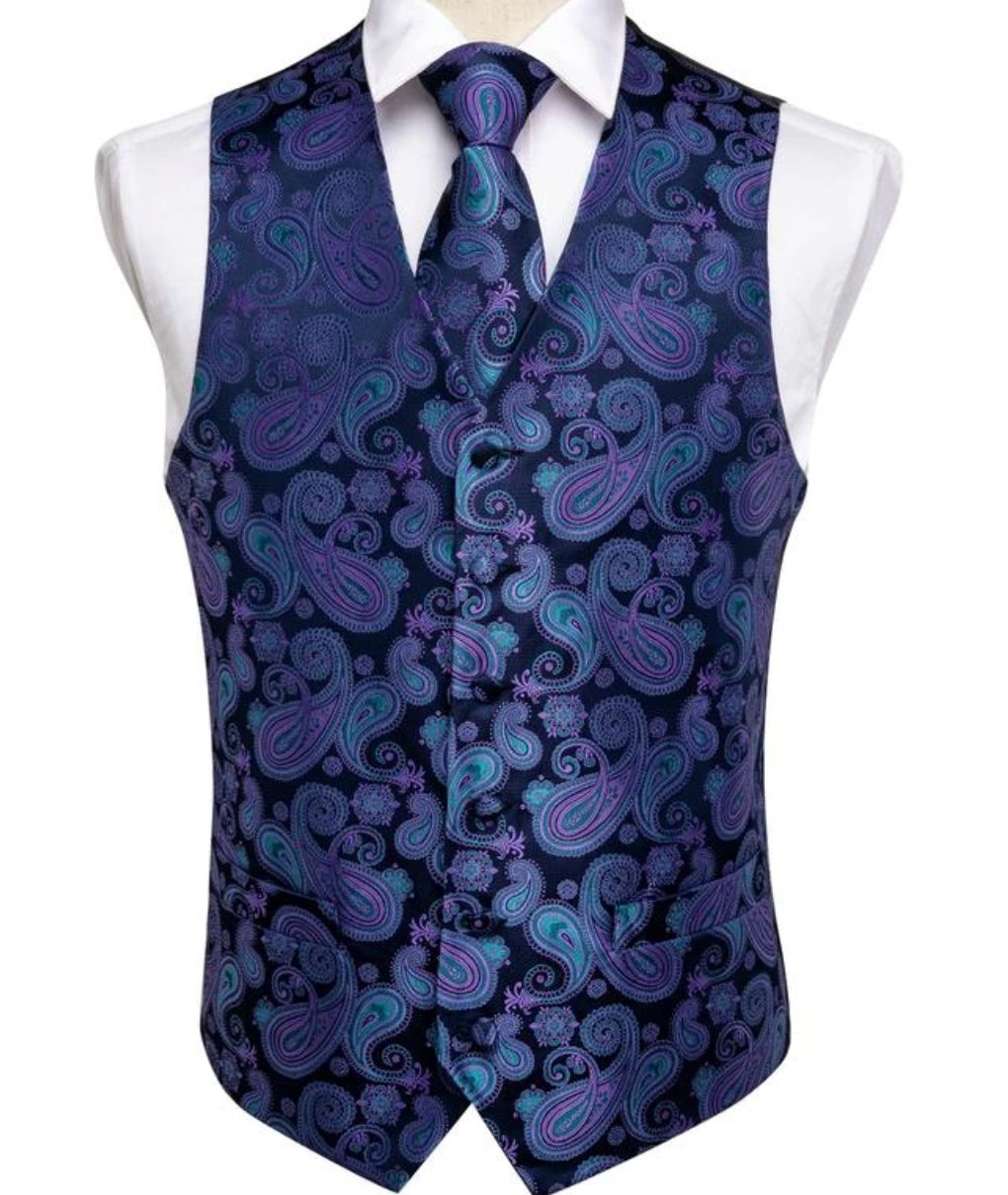 MEN'S CLASSIC BLUE PAISLEY JACQUARD SILK WAISTCOAT VEST HANDKERCHIEF CUFFLINKS TIE VEST SET-MJ-0104 - SimonVon Shop