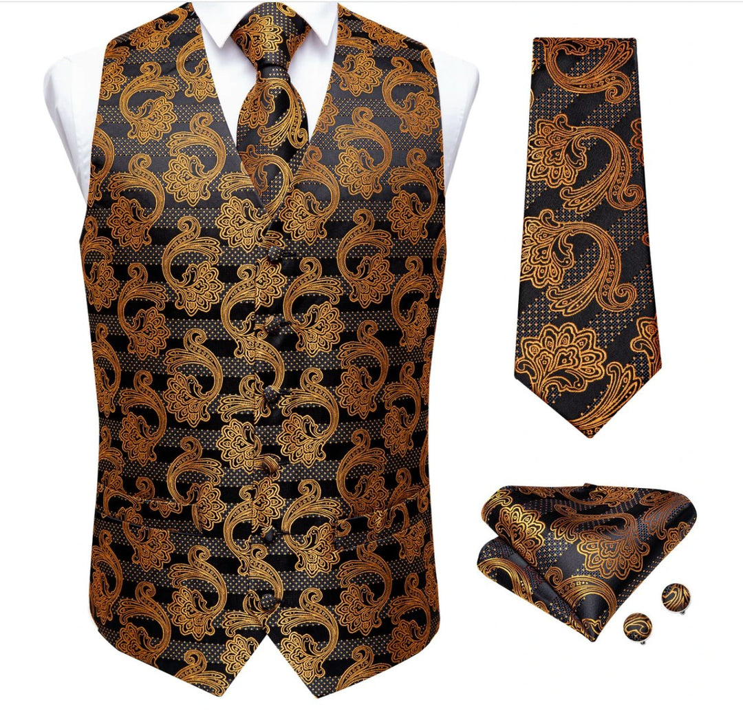 MEN'S CLASSIC BROWN BLACK FLORAL JACQUARD SILK WAISTCOAT VEST HANDKERCHIEF CUFFLINKS TIE VEST SET-MJ- 0124 - SimonVon Shop