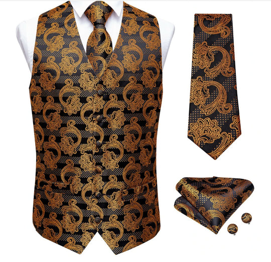 MEN'S CLASSIC BROWN BLACK FLORAL JACQUARD SILK WAISTCOAT VEST HANDKERCHIEF CUFFLINKS TIE VEST SET-MJ- 0124 - SimonVon Shop