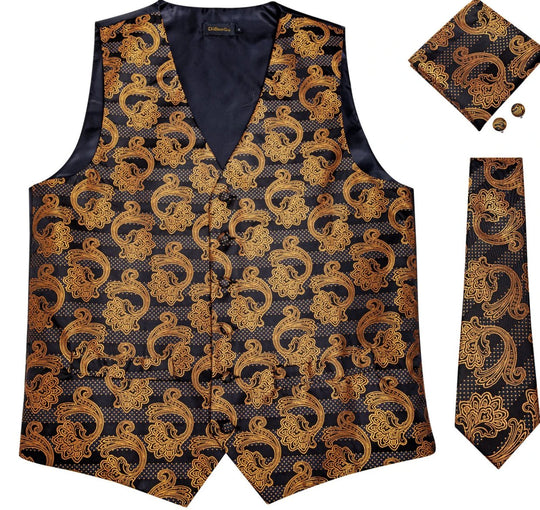MEN'S CLASSIC BROWN BLACK FLORAL JACQUARD SILK WAISTCOAT VEST HANDKERCHIEF CUFFLINKS TIE VEST SET-MJ- 0124 - SimonVon Shop