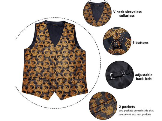 MEN'S CLASSIC BROWN BLACK FLORAL JACQUARD SILK WAISTCOAT VEST HANDKERCHIEF CUFFLINKS TIE VEST SET-MJ- 0124 - SimonVon Shop